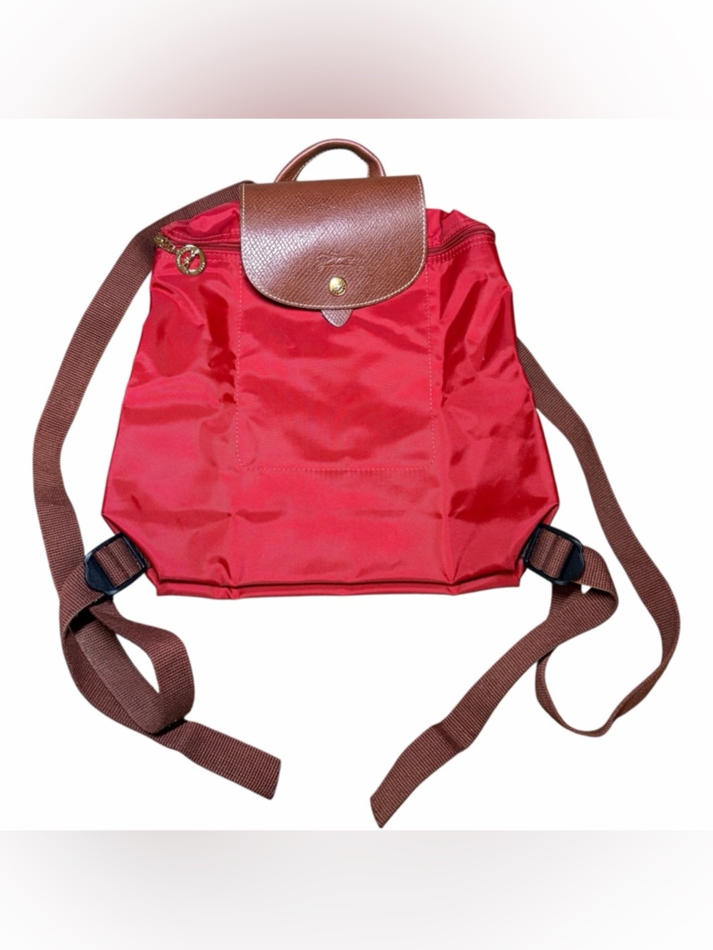 Longchamp Red Nylon Backpack with Brown Leather Flap and Straps
